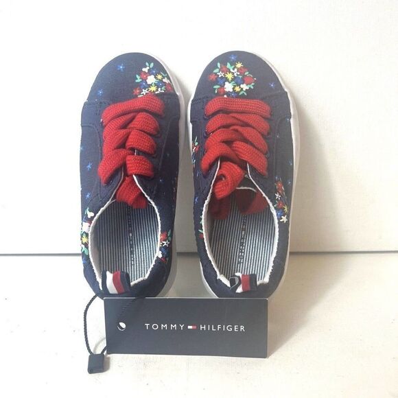 NEW Tommy Hilfiger Toddler Girls Sneakers Blue/Red Floral Size 7 Lace Up Low Top - Picture 1 of 10